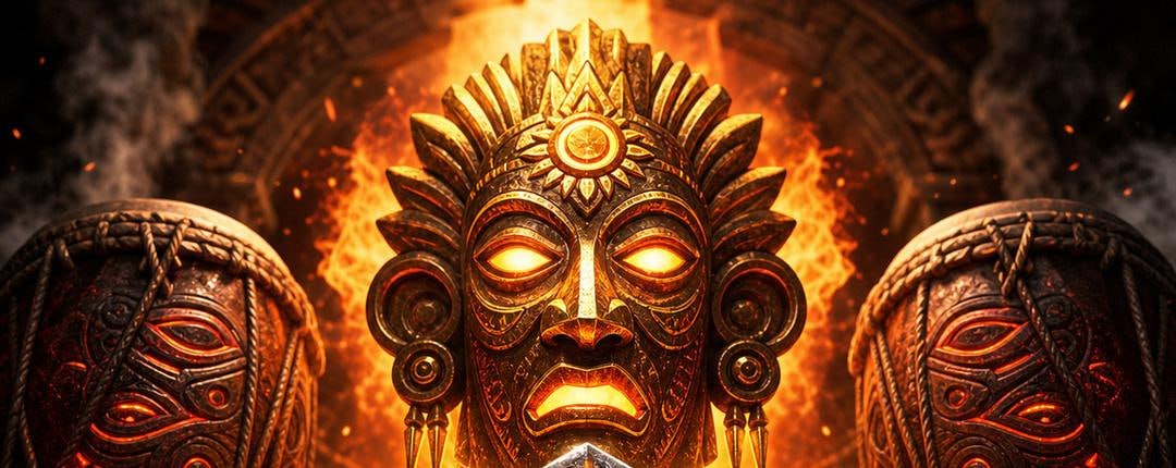 Aztec mask with fire and drums